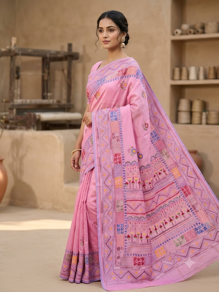 Premium Handcrafted Bullion Stitch Work Chanderi Saree with Blouse Piece