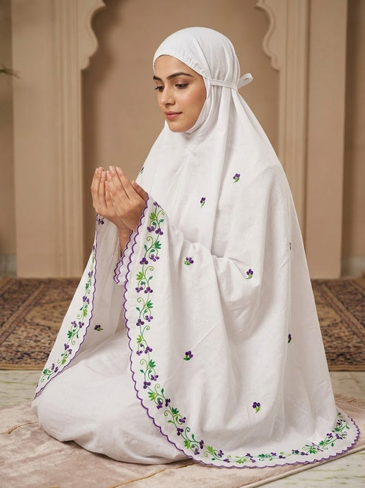 Chikonwala Hand Embroidered Cotton Islamic Namaz Hijab with Floral Embroidery