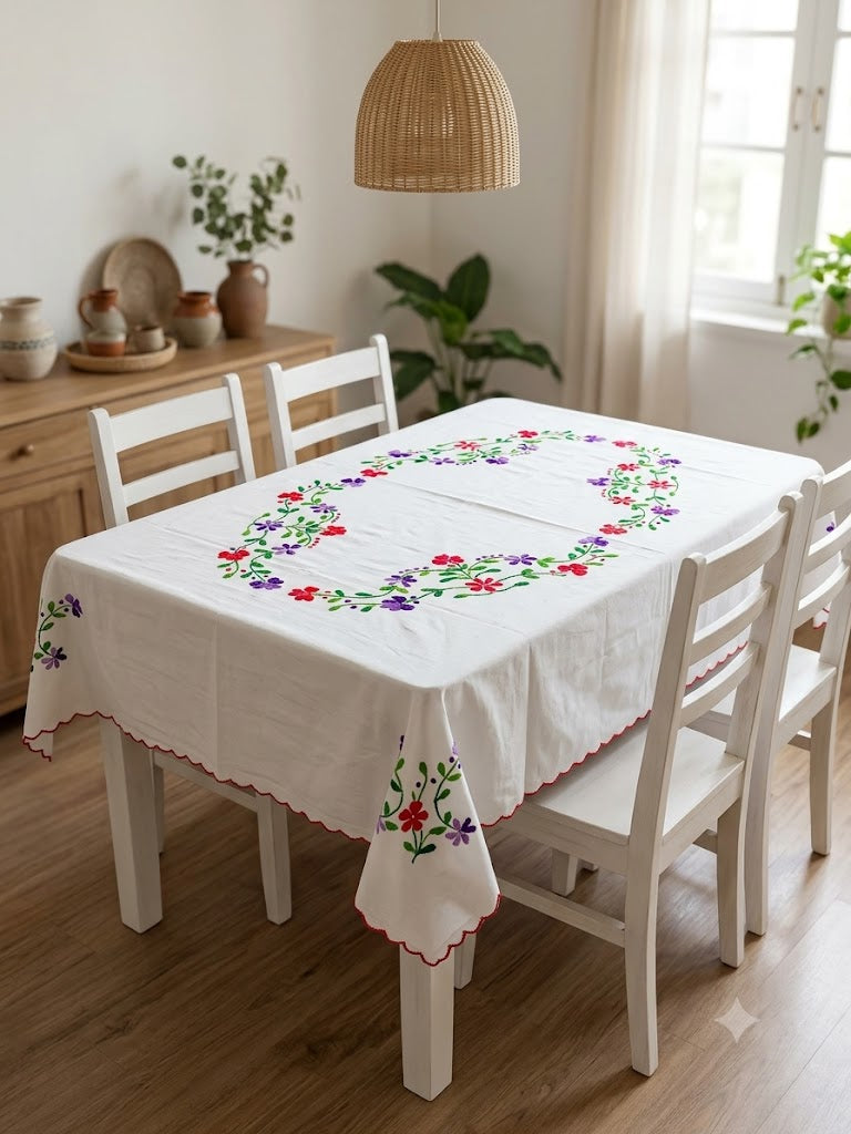 Hand Embroidered Four Seater Floral Table Cover
