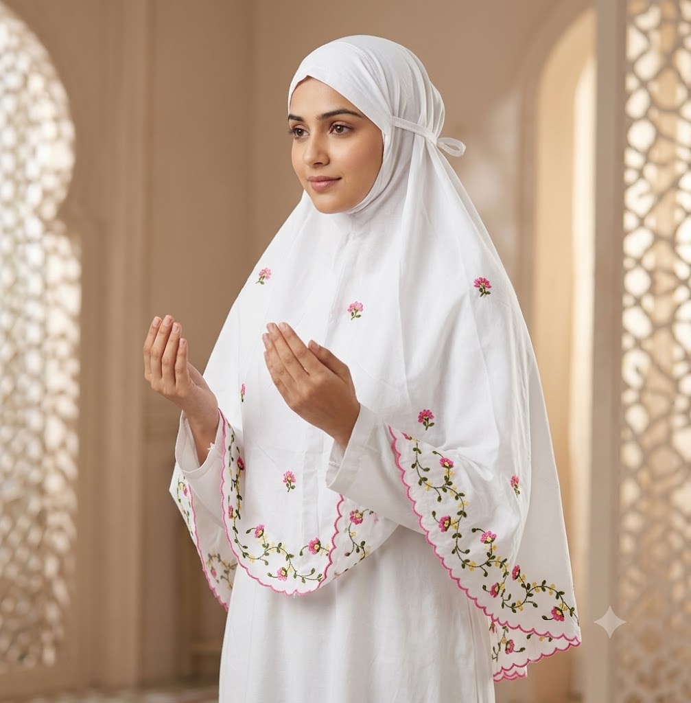 Chikonwala Hand Embroidered Cotton Islamic Namaz Hijab with Floral Embroidery