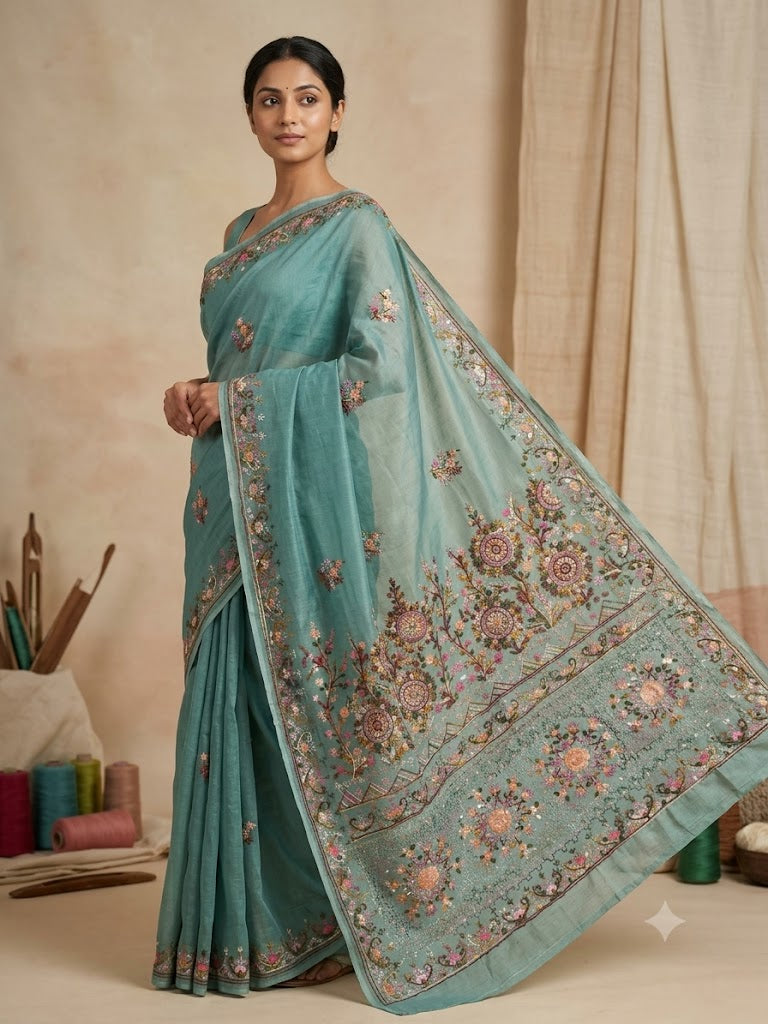Premium Handcrafted Bullion Stitch Work Chanderi Saree with Blouse Piece
