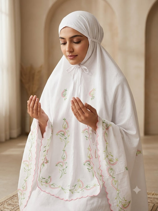 Chikonwala Hand Embroidered Cotton Islamic Namaz Hijab with Floral Embroidery
