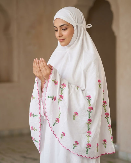 Chikonwala Hand Embroidered Cotton Islamic Namaz Hijab with Floral Embroidery