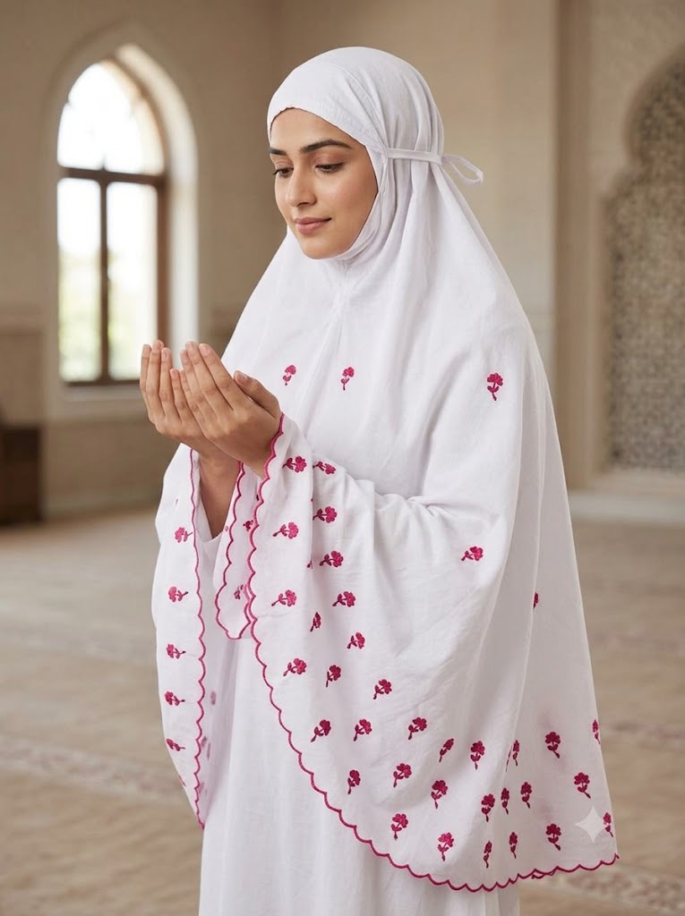 Chikonwala Hand Embroidered Cotton Islamic Namaz Hijab with Floral Embroidery