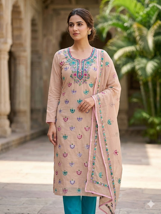 Chikonwala Premium Hand Embroidered Contrast Cotton Chandri Dress Material Set – Pure Cotton | Bullion Stitch Work | 2.5m Top, Bottom & Dupatta
