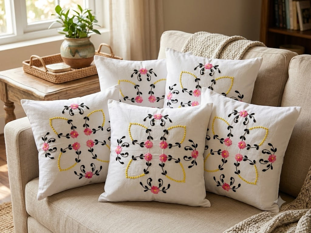 Hand Embroidered Cotton Cushion Covers (Set of 5)