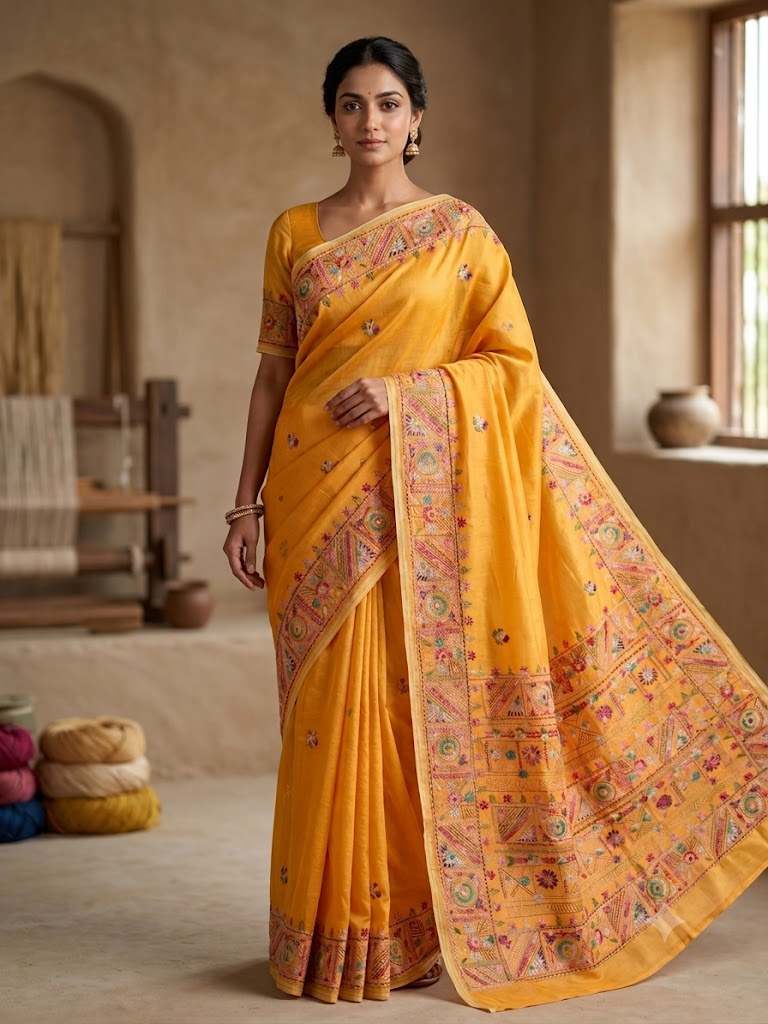 Premium Handcrafted Bullion Stitch Work Chanderi Saree with Blouse Piece