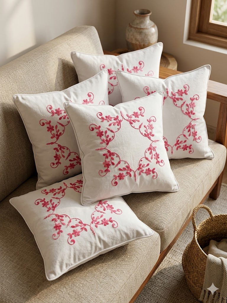 Hand Embroidered Cotton Cushion Covers (Set of 5)