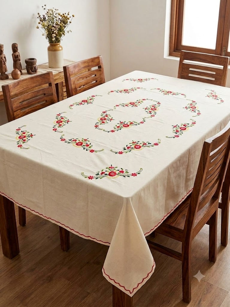 Hand Embroidered Floral Six Seater Table Cover