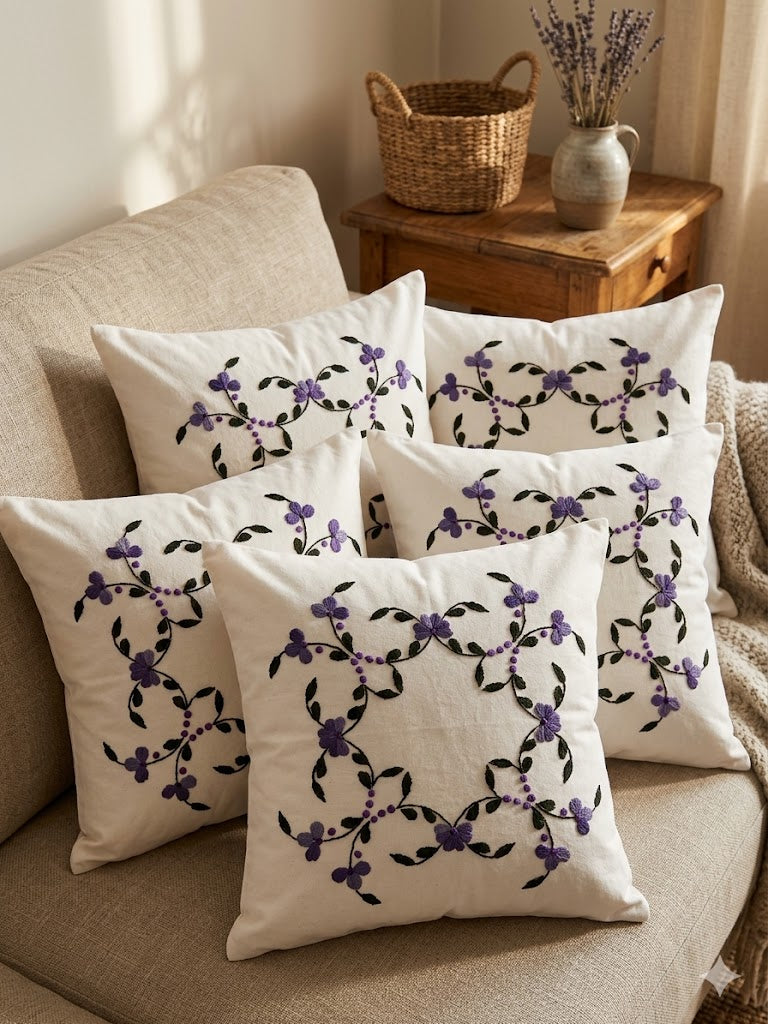 Hand Embroidered Cotton Cushion Covers (Set of 5)