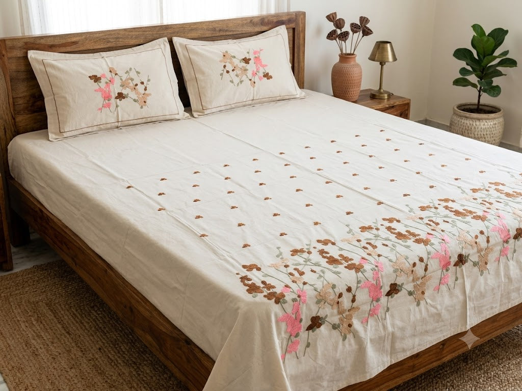 Premium Designer Embroidered Satin Cotton Bedsheet Set