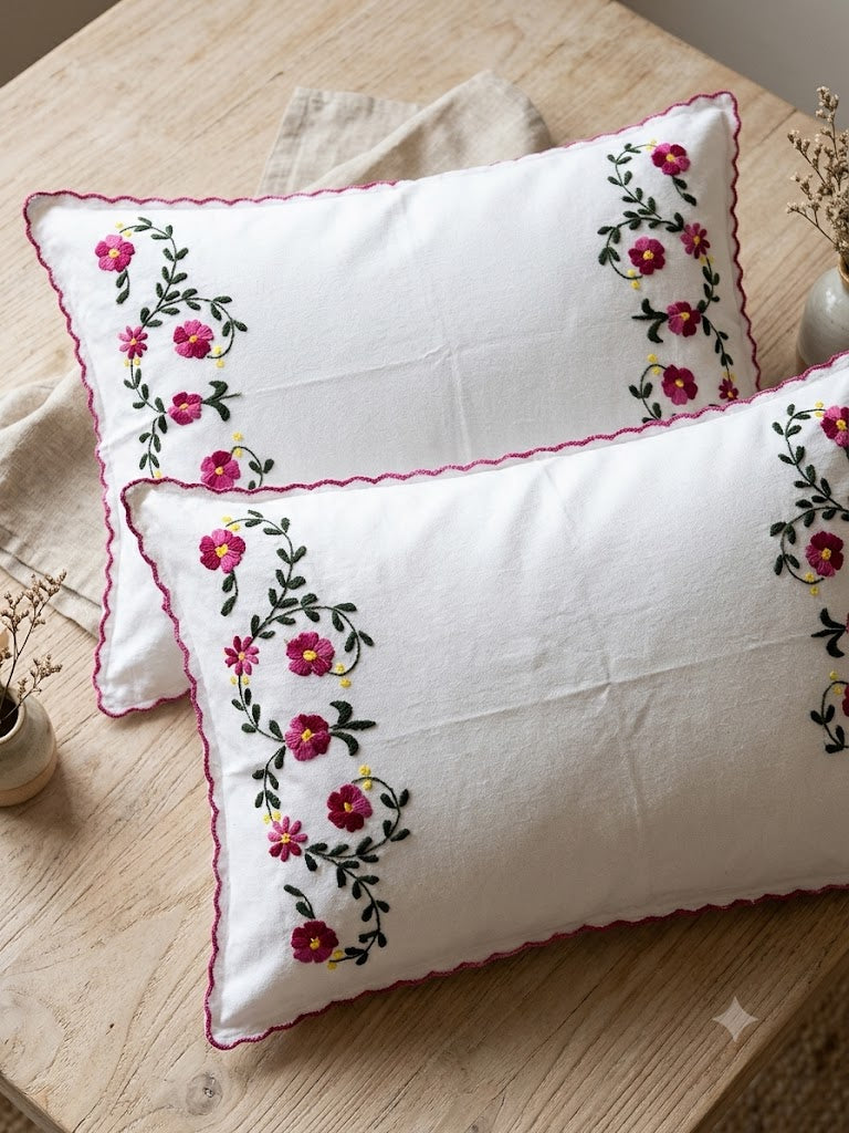 Chikonwala Hand-Embroidered Floral Pillow Cover Set– Set of 2