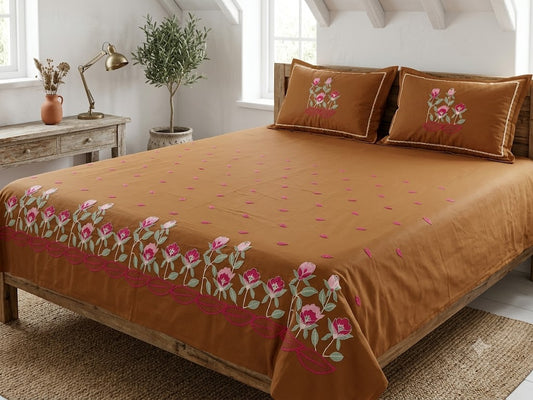 Premium Designer Embroidered Satin Cotton Bedsheet Set