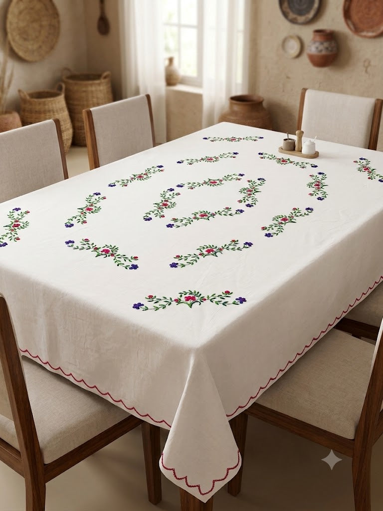 Hand Embroidered Floral Six Seater Table Cover