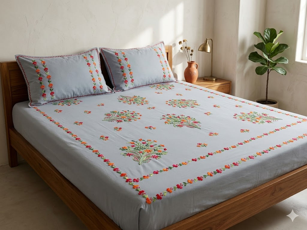 Chikonwala's Hand Embroidered Floral Design Bedsheet