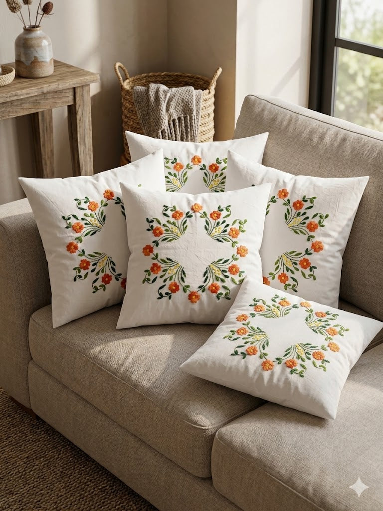 Hand Embroidered Cotton Cushion Covers (Set of 5)