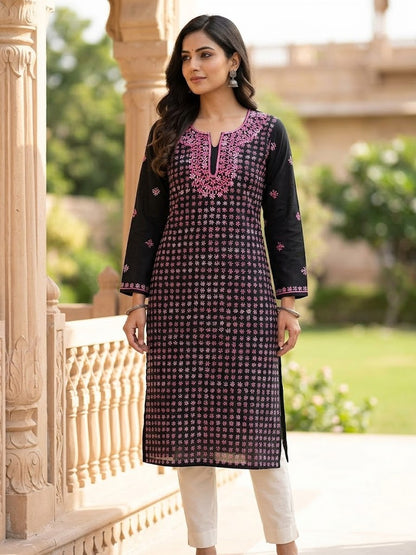 Hand Embroidered Pure Cotton Kurti Material | 3 Meter Premium Fabric | Made in India