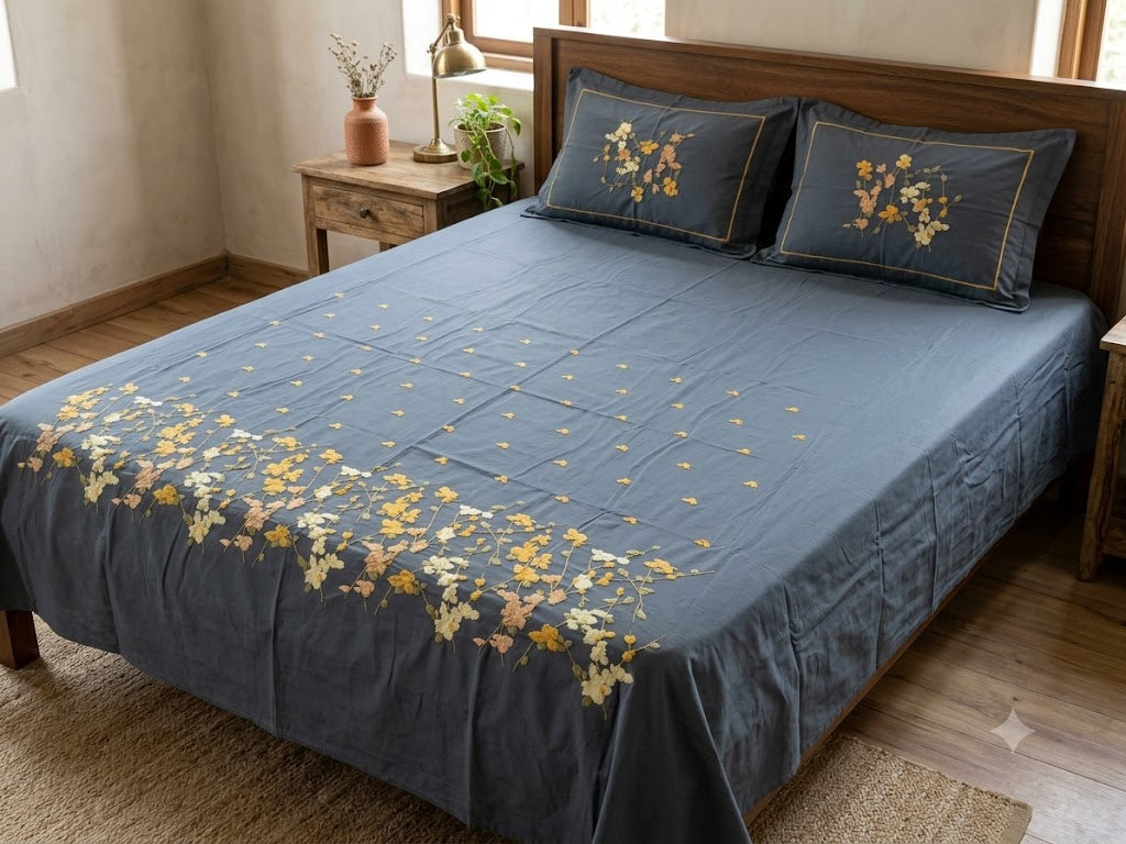 Premium Designer Embroidered Satin Cotton Bedsheet Set