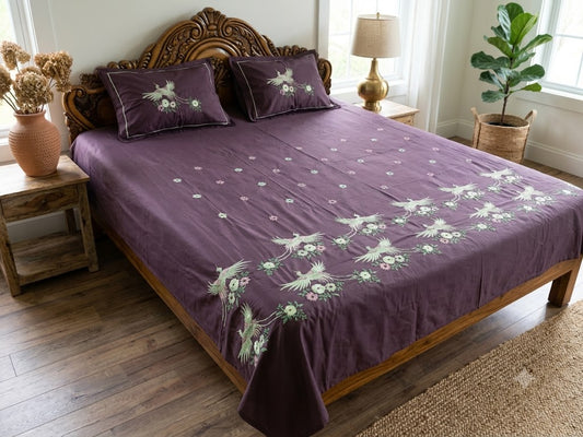 Premium Designer Embroidered Satin Cotton Bedsheet Set