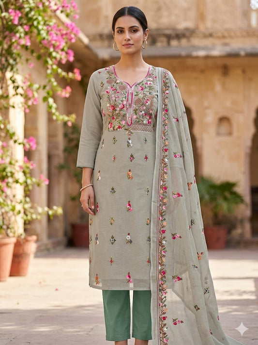 Chikonwala Premium Hand Embroidered Contrast Cotton Chandri Dress Material Set – Pure Cotton | Bullion Stitch Work | 2.5m Top, Bottom & Dupatta
