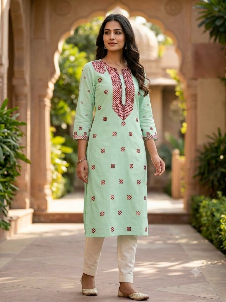 Hand Embroidered Pure Cotton Kurti Material | 3 Meter Premium Fabric | Made in India