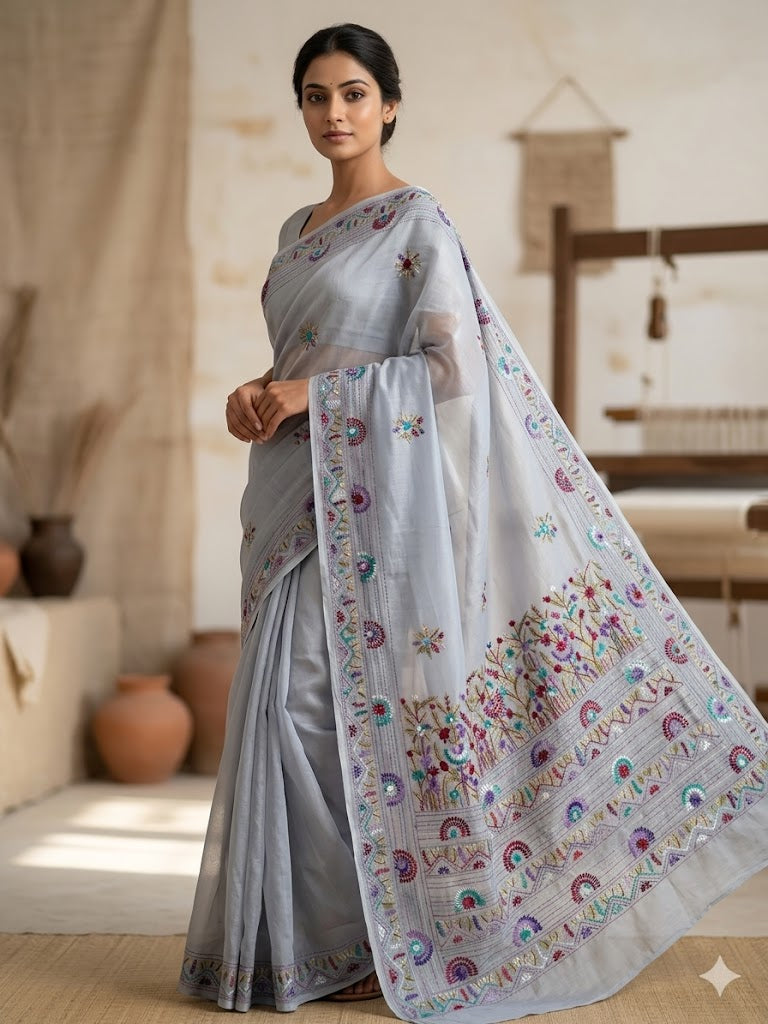 Premium Handcrafted Bullion Stitch Work Chanderi Saree with Blouse Piece