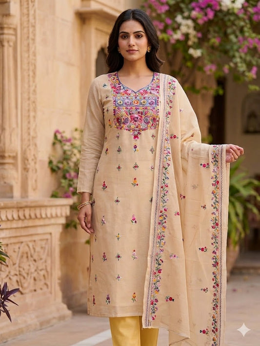 Chikonwala Premium Hand Embroidered Contrast Cotton Chandri Dress Material Set – Pure Cotton | Bullion Stitch Work | 2.5m Top, Bottom & Dupatta