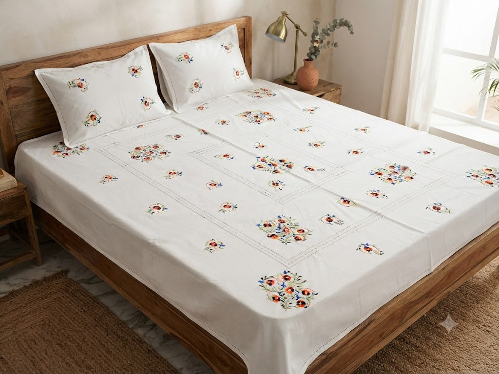 Chikonwala's Floral Embroidered Cotton Beading  Bedsheet