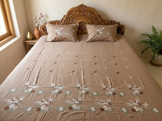 Premium Designer Embroidered Satin Cotton Bedsheet Set
