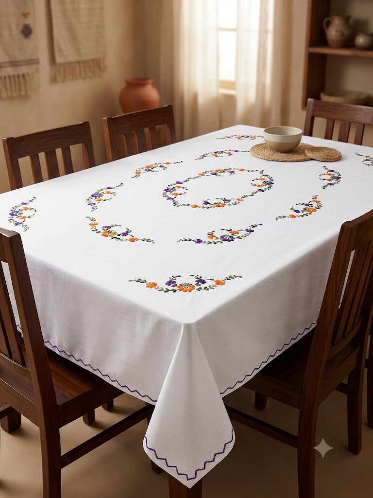 Hand Embroidered Floral Six Seater Table Cover
