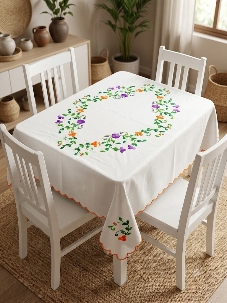 Hand Embroidered Four Seater Floral Table Cover