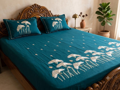 Premium Designer Embroidered Satin Cotton Bedsheet Set