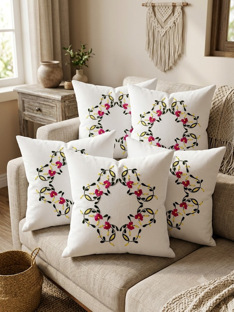 Hand Embroidered Cotton Cushion Covers (Set of 5)