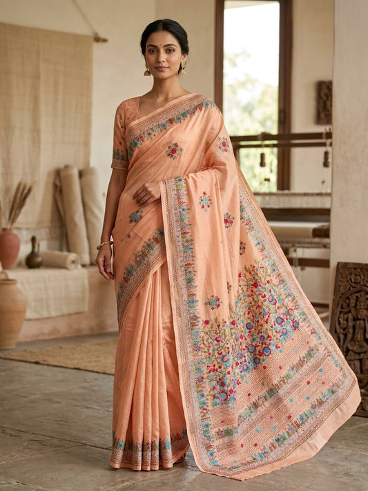 Premium Handcrafted Bullion Stitch Work Chanderi Saree with Blouse Piece