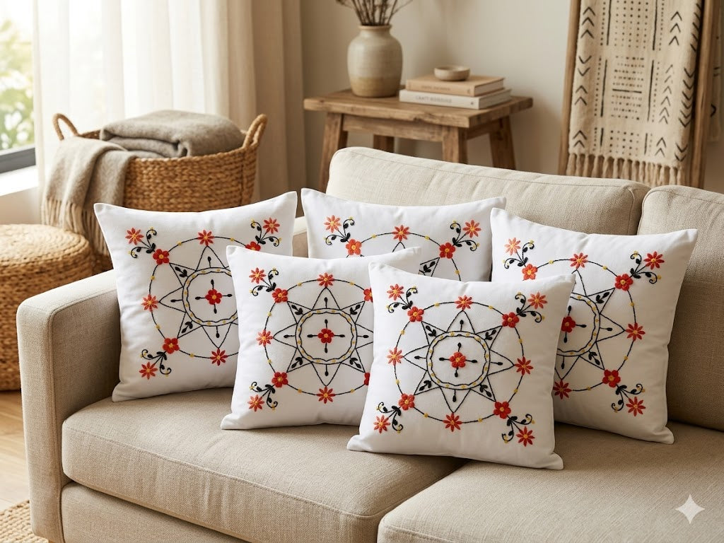 Hand Embroidered Cotton Cushion Covers (Set of 5)