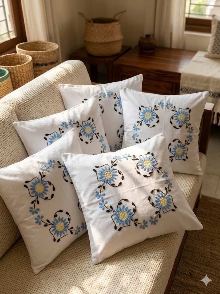Hand Embroidered Cotton Cushion Covers (Set of 5)