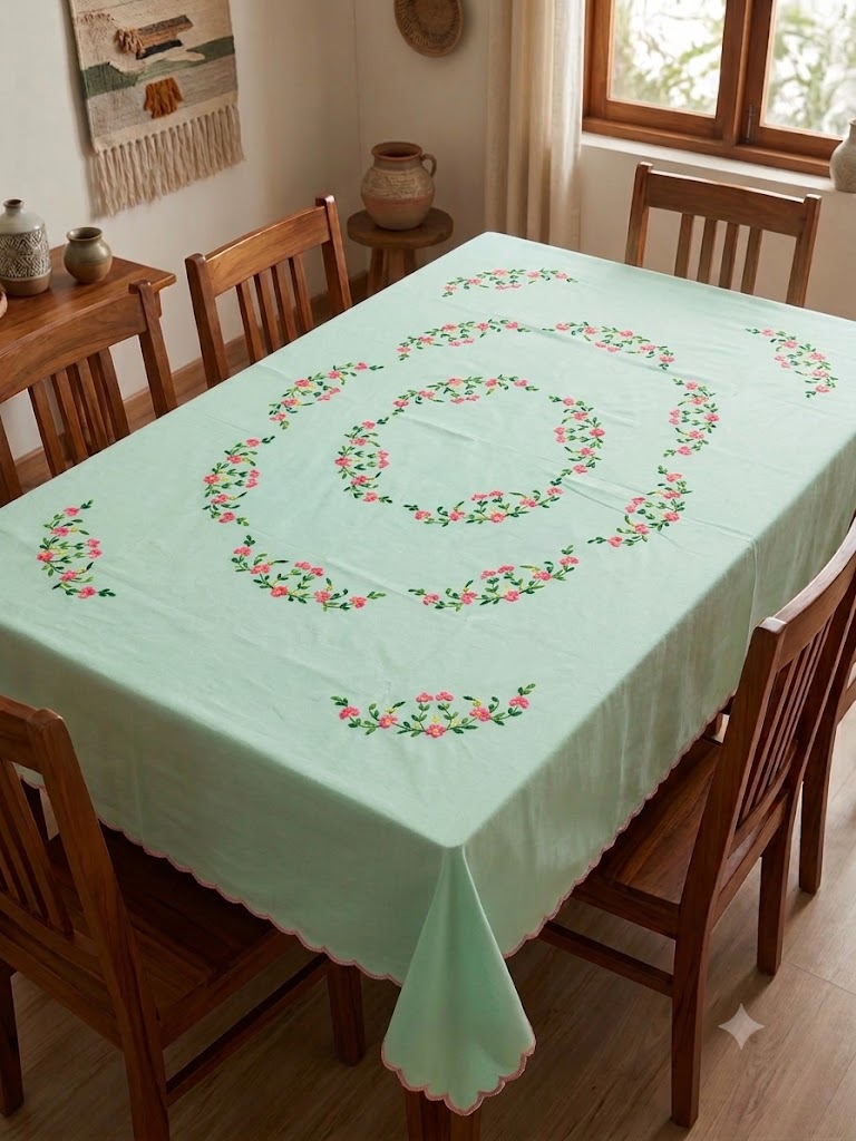 Hand Embroidered Floral Six Seater Table Cover