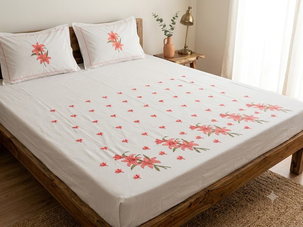 Premium Designer Embroidered Satin Cotton Bedsheet Set