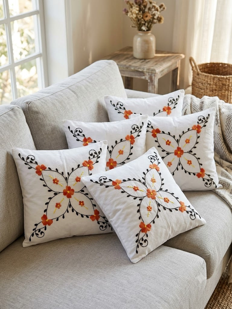 Hand Embroidered Cotton Cushion Covers (Set of 5)