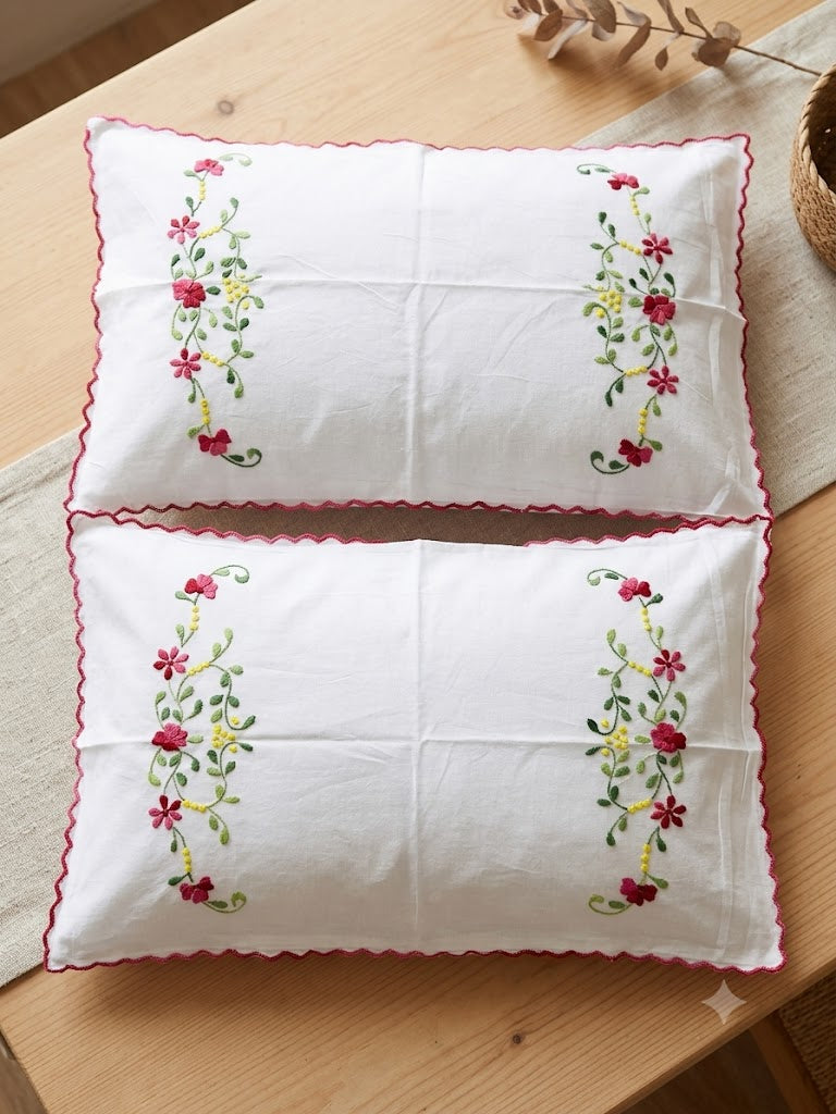 Chikonwala Hand-Embroidered Floral Pillow Cover Set– Set of 2