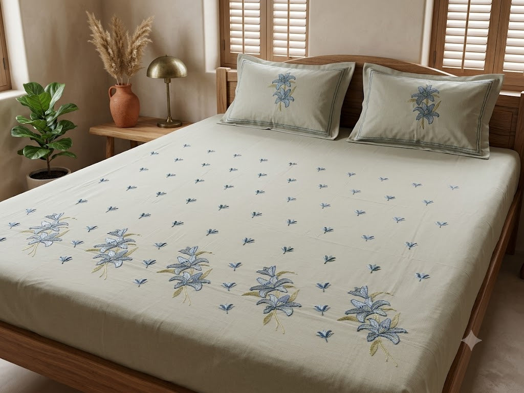 Premium Designer Embroidered Satin Cotton Bedsheet Set