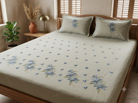 Premium Designer Embroidered Satin Cotton Bedsheet Set