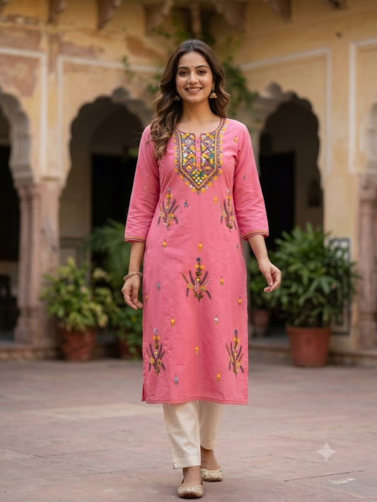 Hand Embroidered Pure Cotton Kurti Material | 3 Meter Premium Fabric | Made in India