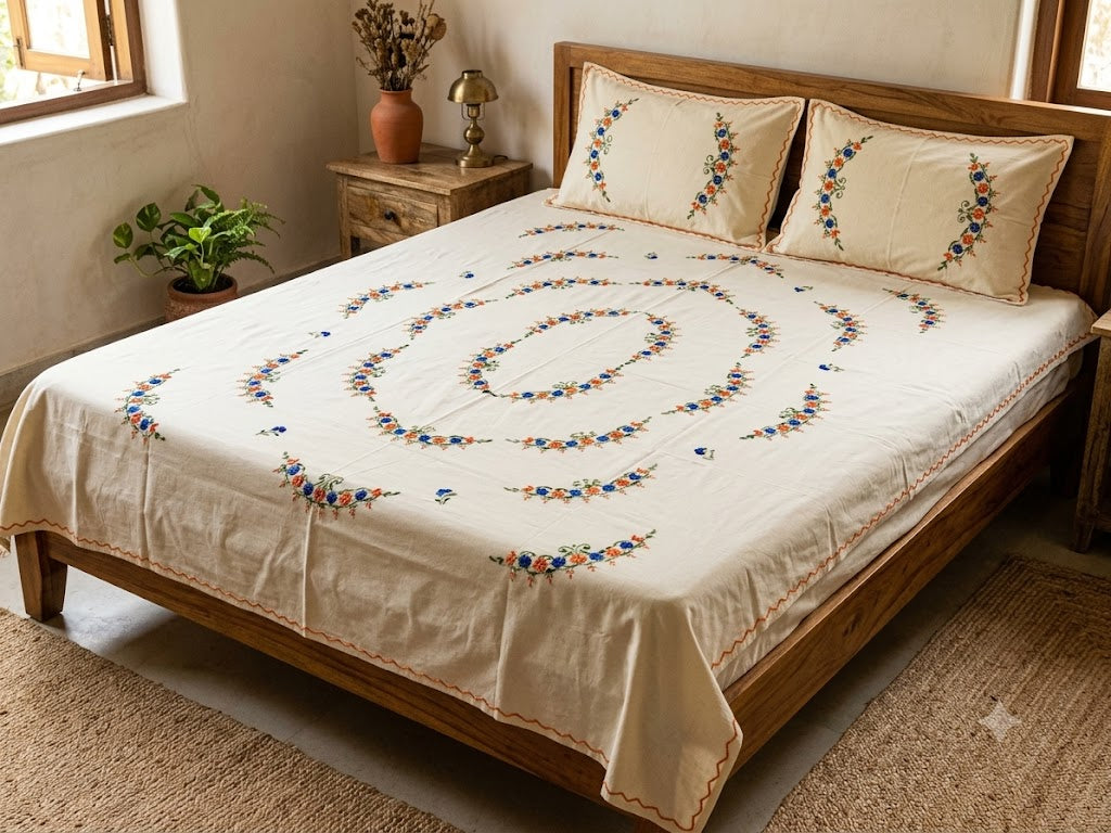 Chikonwala's Hand Embroidered Floral Design Bedsheet