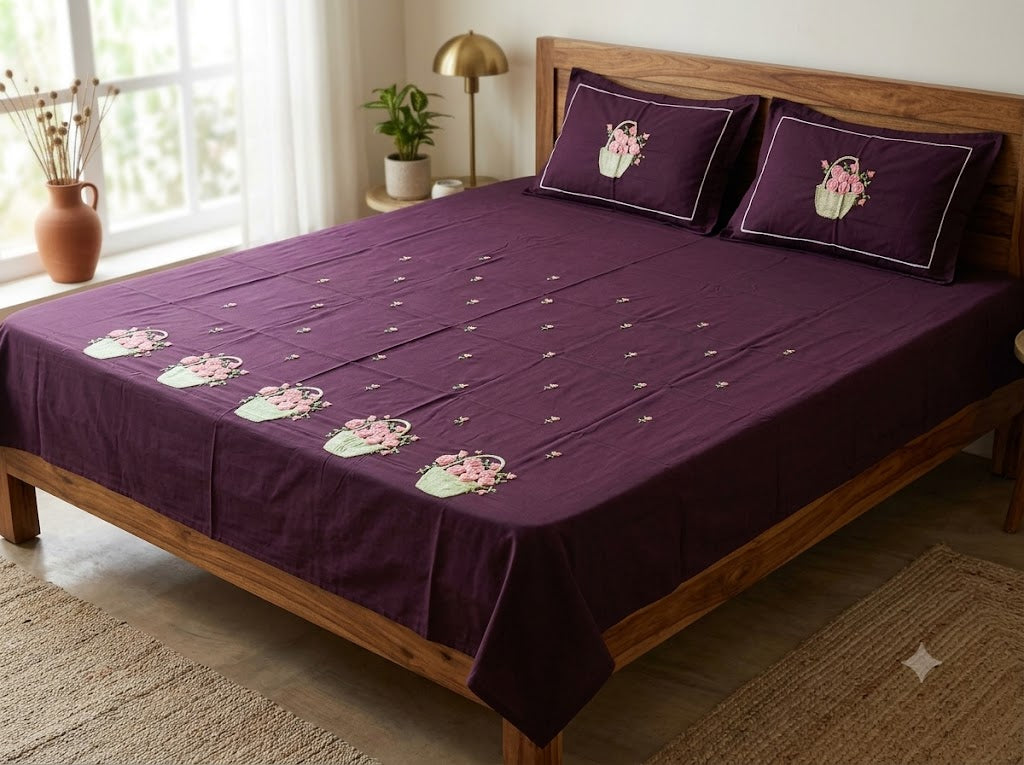 Premium Designer Embroidered Satin Cotton Bedsheet Set