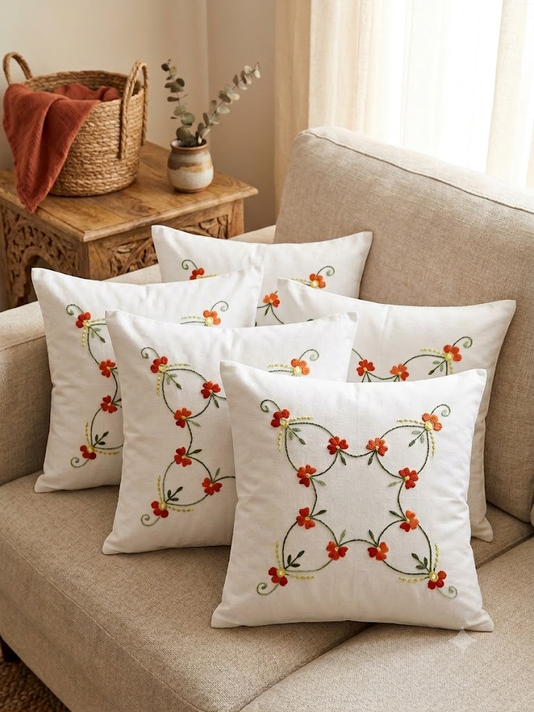 Hand Embroidered Cotton Cushion Covers (Set of 5)