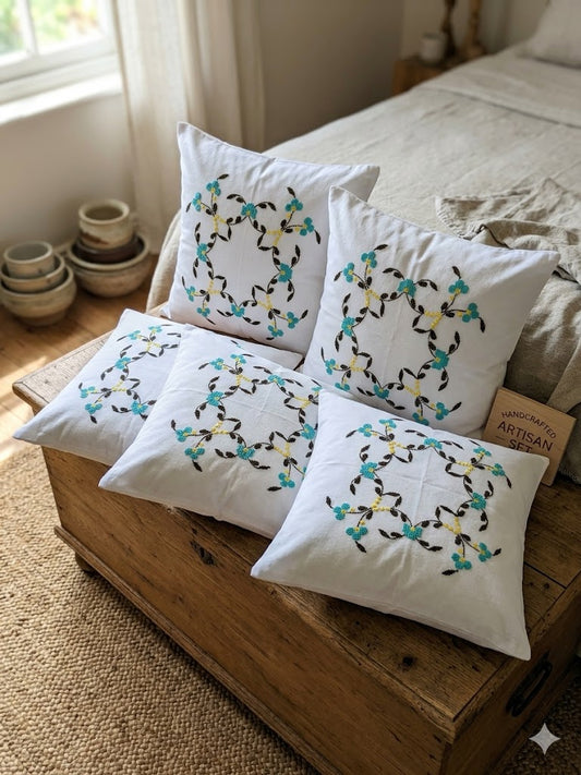 Hand Embroidered Cotton Cushion Covers (Set of 5)