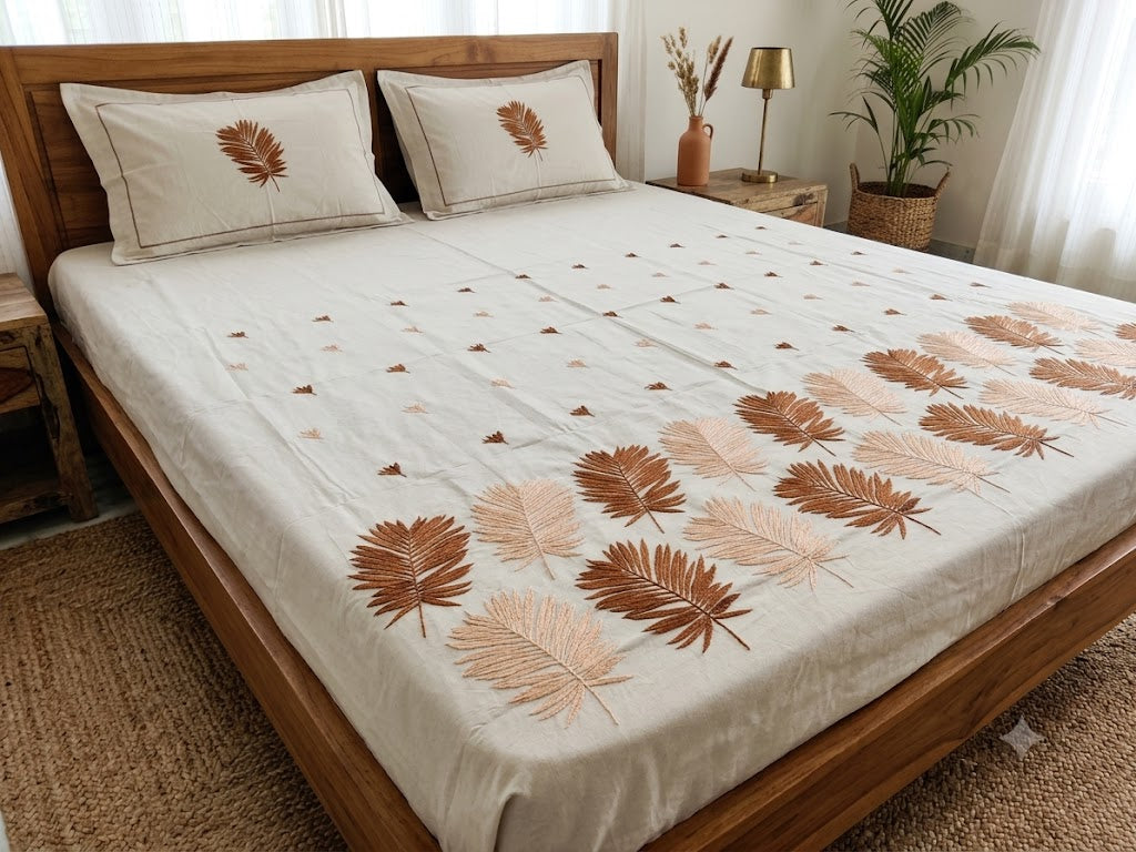 Premium Designer Embroidered Satin Cotton Bedsheet Set