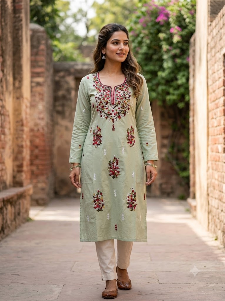 Hand Embroidered Pure Cotton Kurti Material | 3 Meter Premium Fabric | Made in India