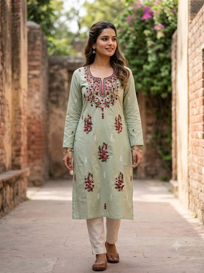 Hand Embroidered Pure Cotton Kurti Material | 3 Meter Premium Fabric | Made in India
